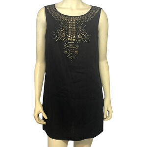 Style & Co Sz 8 Linen Tunic Top or Shift Dress Metal Studs on Front Tribal Black